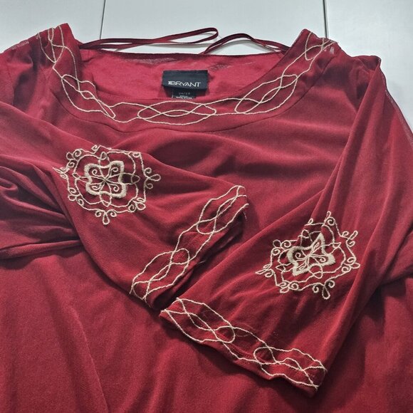 Lane Bryant Top 26/28 Burgundy Mandala Embroidery Lined Sheer SS Round Neck Boho - Picture 12 of 16